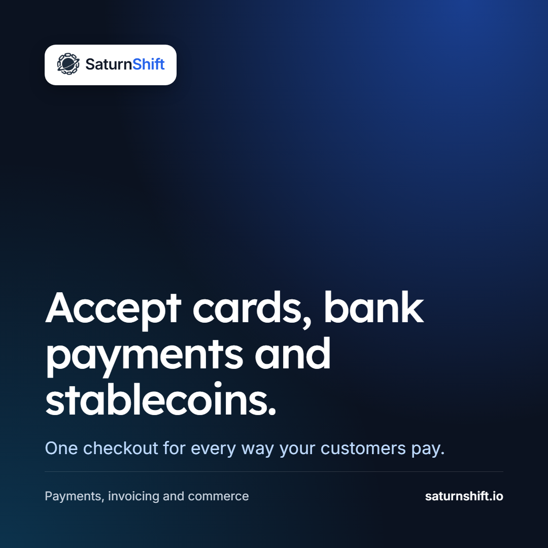 SaturnShift graphic: Accept cards, bank payments and stablecoins.
