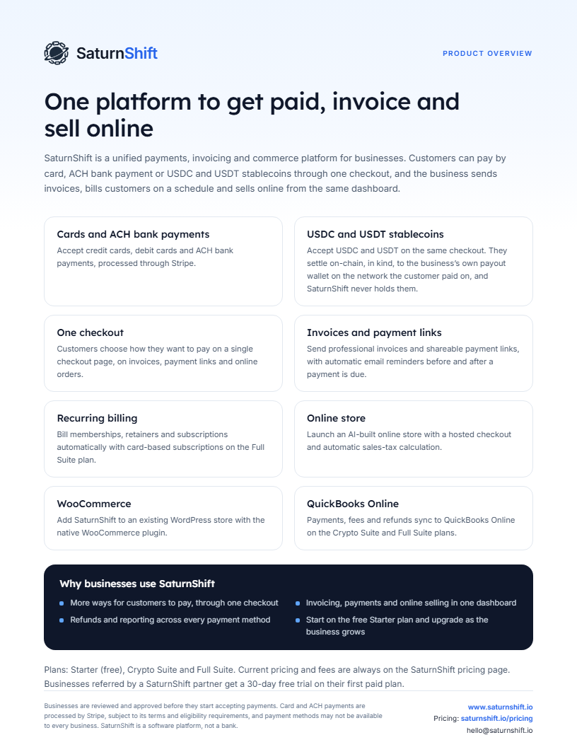 Preview of the one-page SaturnShift product overview